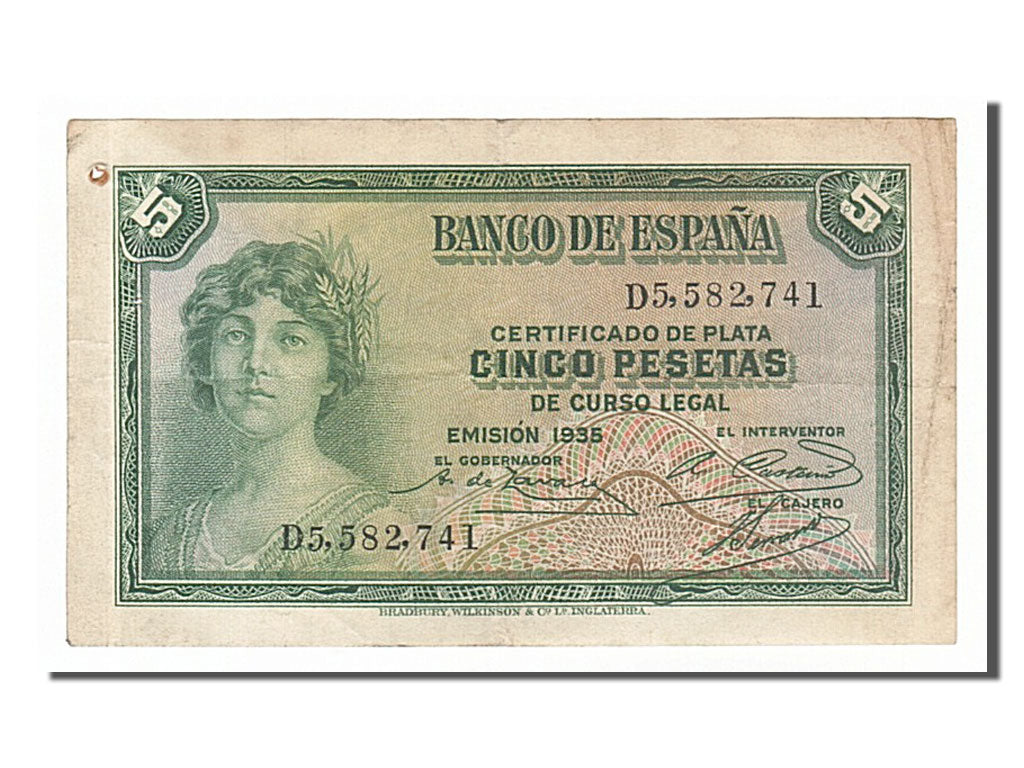 Biljet, Spanje, 5 Pesetas, 1935, TTB+