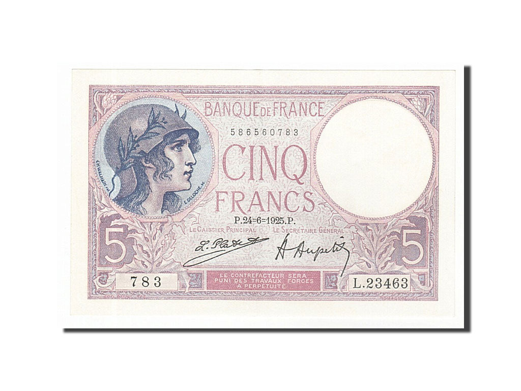 Geldschein, Frankreich, 5 Francs, 5 F 1917-1940 ''Violet'', 1925, 1925-06-24