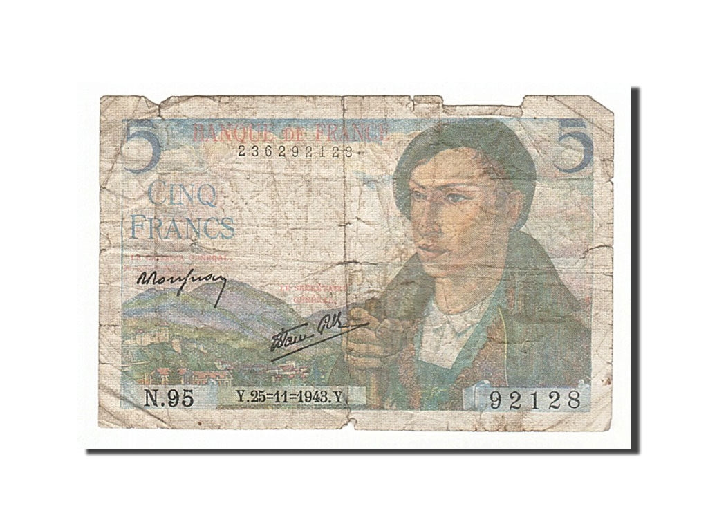 Banknote, France, 5 Francs, 5 F 1943-1947 ''Berger'', 1943, 1943-11-25