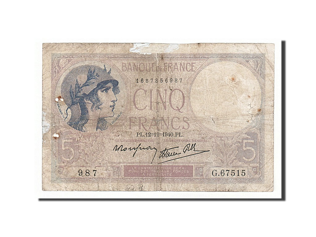 Billete, Francia, 5 Francs, 5 F 1917-1940 ''Violet'', 1940, 1940-12-12, RC