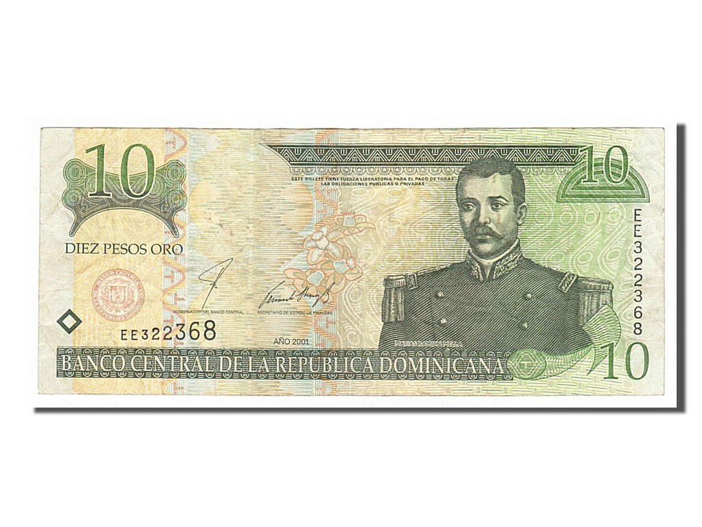 Banknot, Republika Dominikany, 10 Pesos Oro, 2001, VF(30-35)