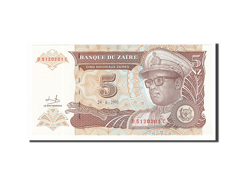 Billet, Zaïre, 5 Nouveaux Zaïres, 1993, 1993-06-24, NEUF