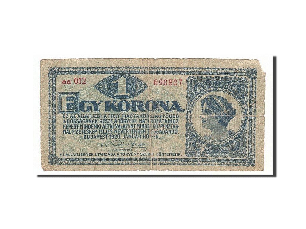 Banknot, Węgry, 1 Korona, 1920, 1920-01-01, VF(20-25)