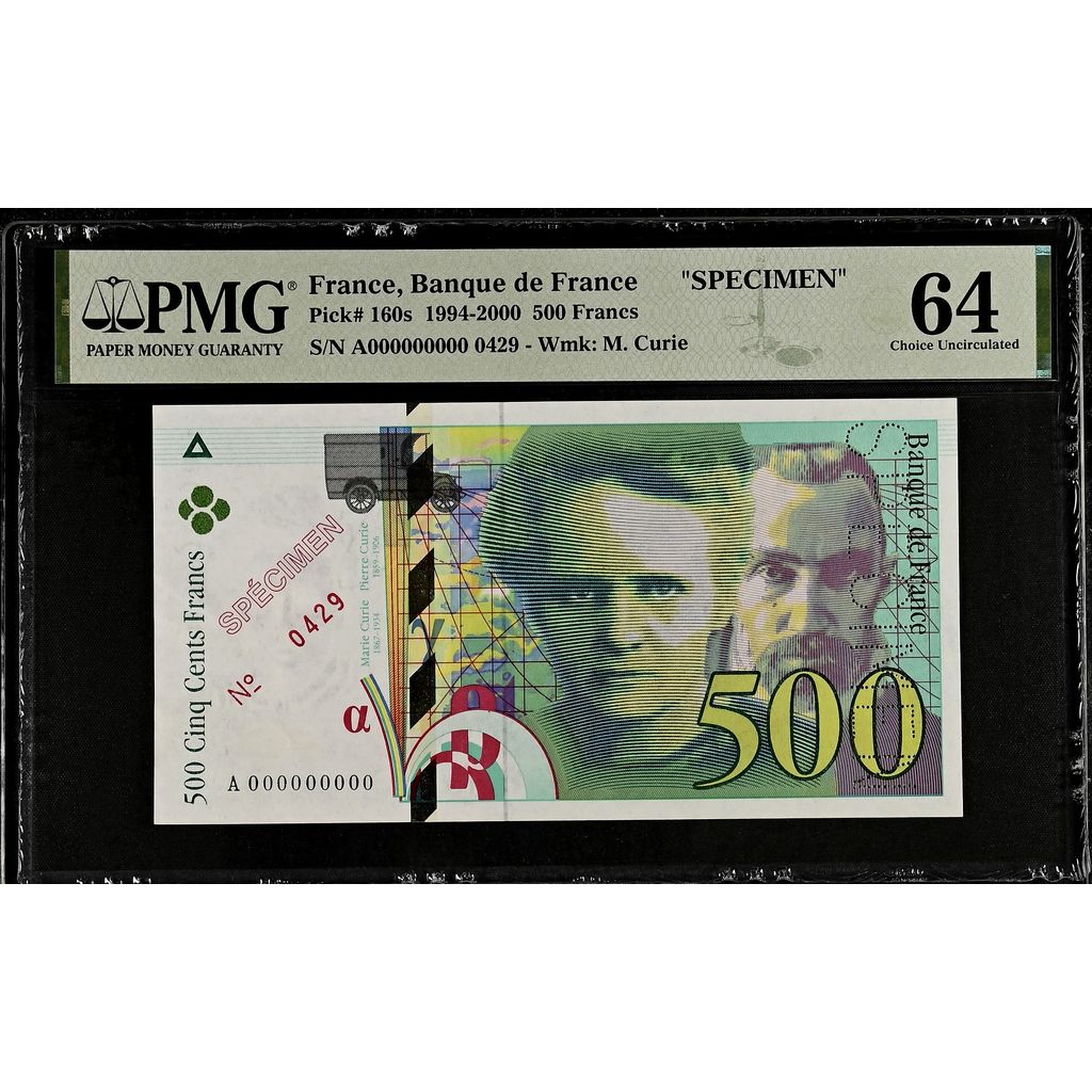 France, 500 Francs, Pierre et Marie Curie, 1994, A, Specimen, UNC 64, PMG