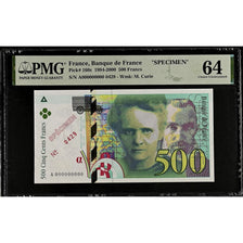 France, 500 Francs, Pierre et Marie Curie, 1994, A, Specimen, UNC 64, PMG