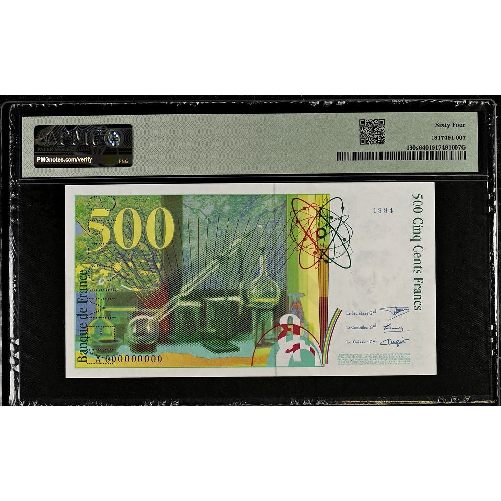 France, 500 Francs, Pierre et Marie Curie, 1994, A, Specimen, UNC 64, PMG