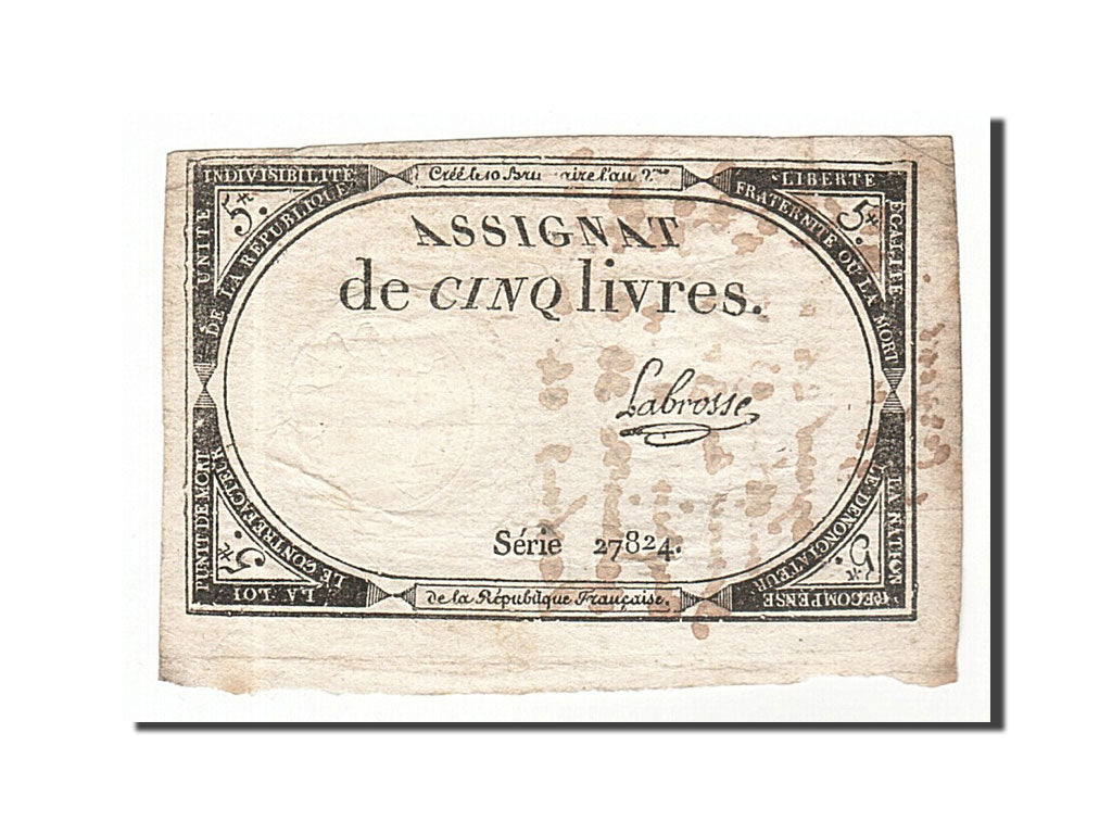 Biljet, Frankrijk, 5 Livres, 1793, Labrosse, TB+, KM:A76, Lafaurie:171