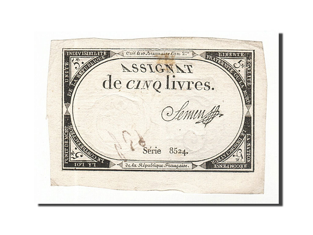Billet, France, 5 Livres, 1793, Semen, TTB, KM:A76, Lafaurie:171