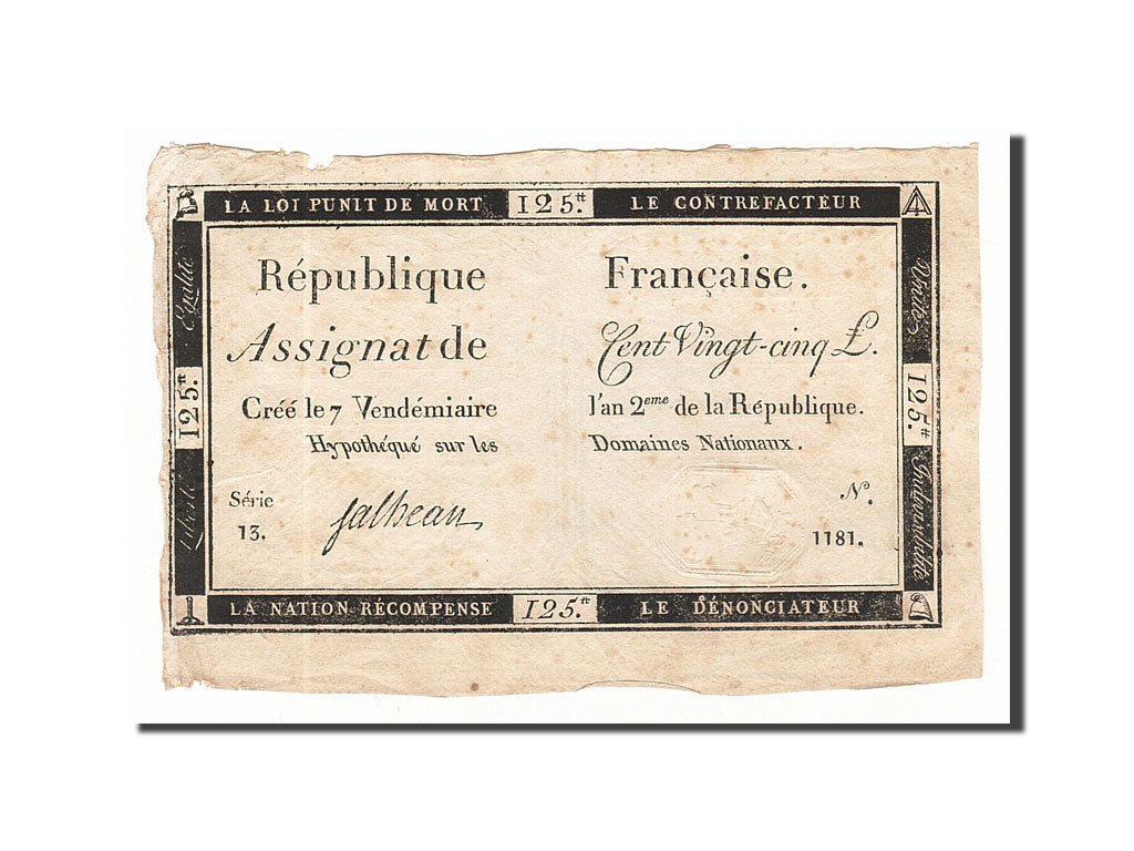 Billet, France, 125 Livres, 1793, Falheau, TTB, KM:A74, Lafaurie:169
