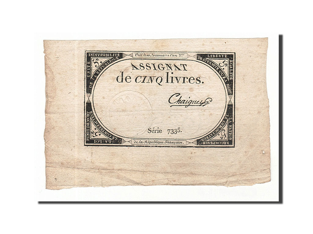 Billete, Francia, 5 Livres, 1793, Chaignet, MBC, KM:A76, Lafaurie:171