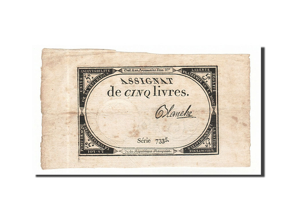 Banknote, France, 5 Livres, 1793, Blanche, EF(40-45), KM:A76, Lafaurie:171