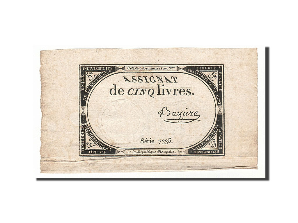 Banknote, France, 5 Livres, 1793, Baziere, EF(40-45), KM:A76, Lafaurie:171