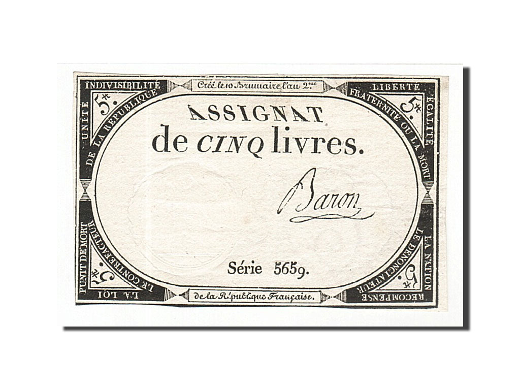 Banknote, France, 5 Livres, 1793, Baron, AU(50-53), KM:A76, Lafaurie:171