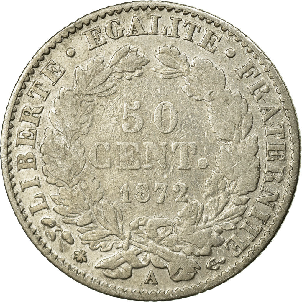 Coin, France, Cérès, 50 Centimes, 1872, Paris, VF(20-25), Silver, KM:834.1