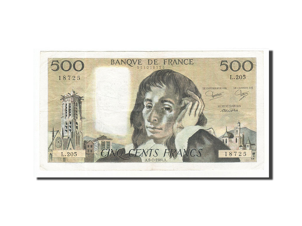 Geldschein, Frankreich, 500 Francs, 500 F 1968-1993 ''Pascal'', 1984