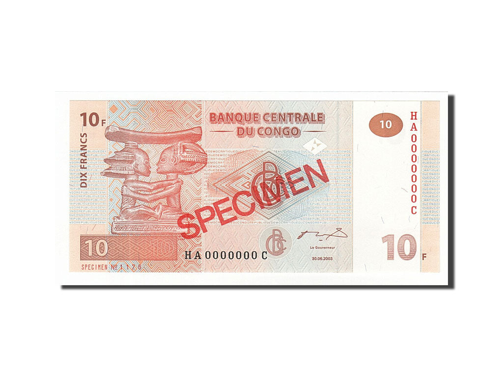 Banknot, Republika Demokratyczna Konga, 10 Francs, 2003, 2003-06-30, UNC(65-70)