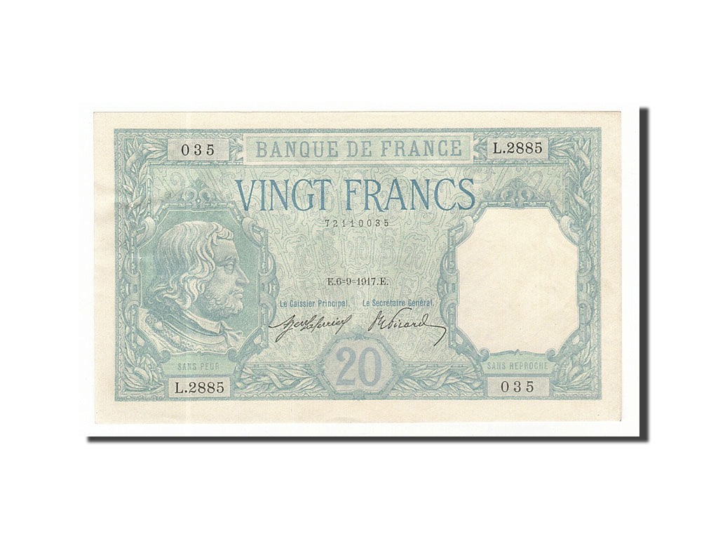 France, 20 Francs, Bayard, 1917-09-06, L.2885, AU(55-58)