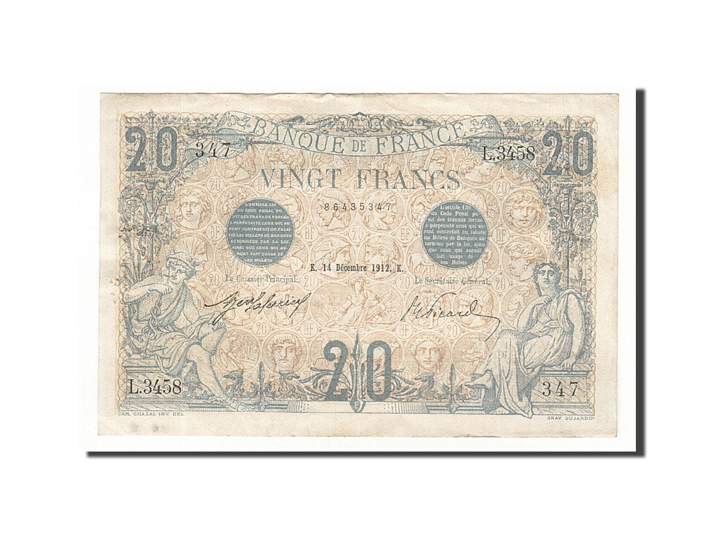 France, 20 Francs, 20 F 1905-1913 ''Bleu'', 1912, KM #68b, 1912-12-14,...