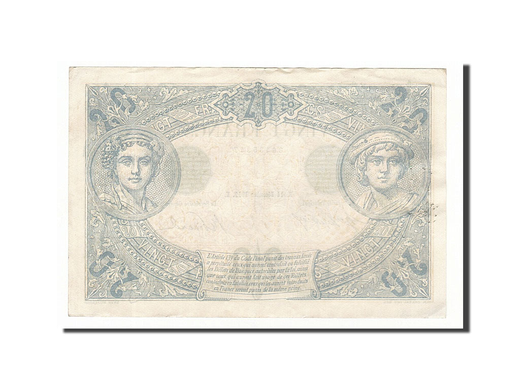 France, 20 Francs, 20 F 1905-1913 ''Bleu'', 1912, KM #68b, 1912-12-14,...