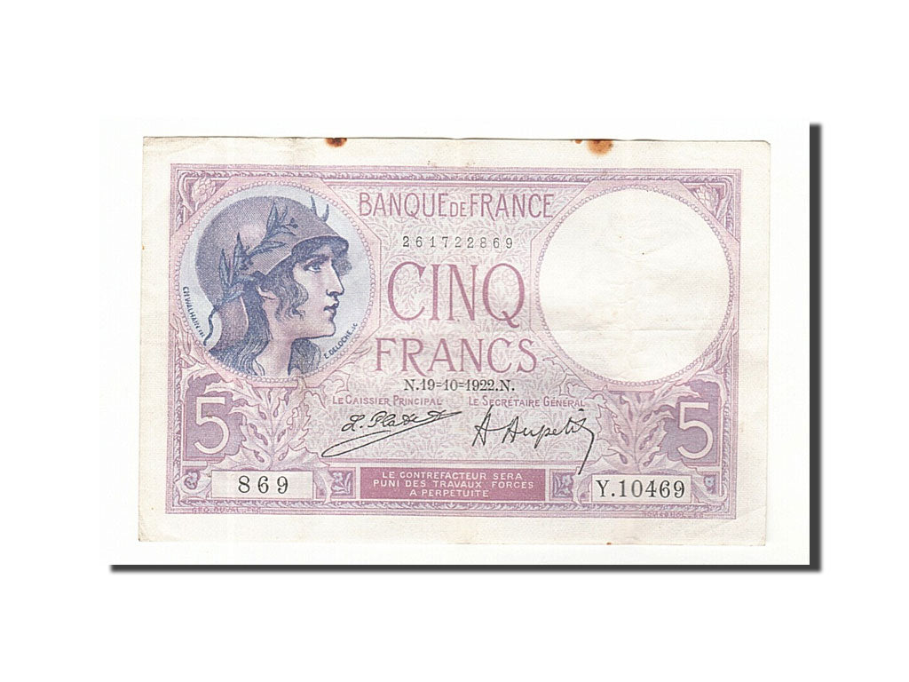 Banknote, France, 5 Francs, 5 F 1917-1940 ''Violet'', 1922, 1922-10-19