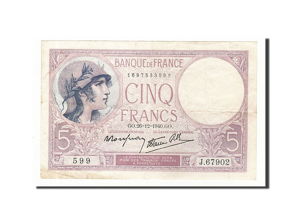 Banconote, Francia, 5 Francs, 5 F 1917-1940 ''Violet'', 1940, 1940-12-26, BB