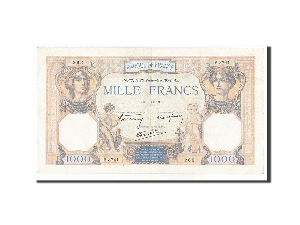 Banconote, Francia, 1000 Francs, 1938, 1938-09-22, BB+, Fayette:38.27, KM:90c