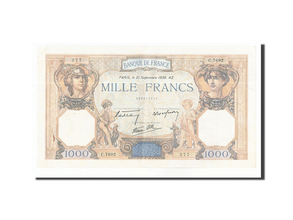 Banconote, Francia, 1000 Francs, 1939, 1939-09-21, BB+, Fayette:38.37, KM:90c