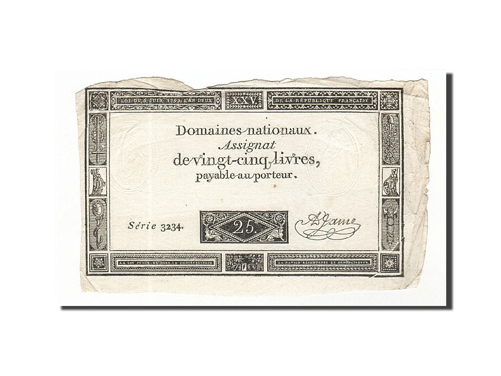 Banknot, Francja, 25 Livres, 1793, 1793-06-06, EF(40-45), KM:A71, Lafaurie:168