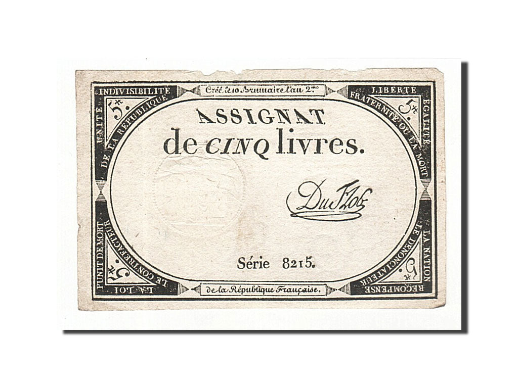 Banknote, France, 5 Livres, 1793, Duflog, 1793-10-31, EF(40-45), KM:A76
