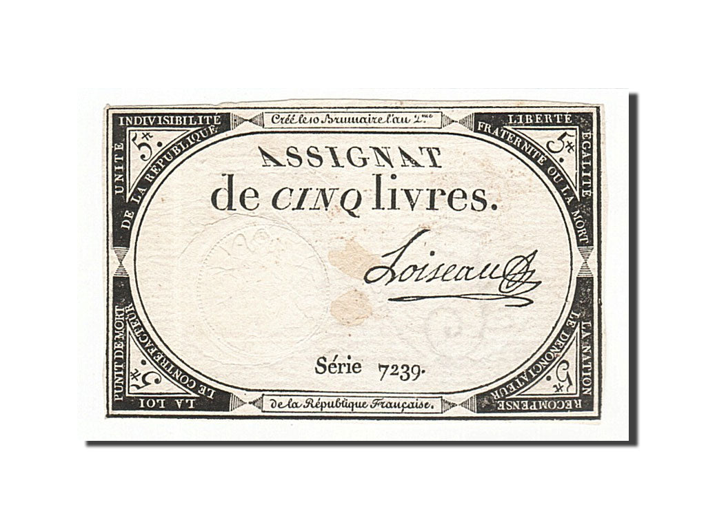 Banknot, Francja, 5 Livres, 1793, Loiseau, 1793-10-31, EF(40-45), KM:A76