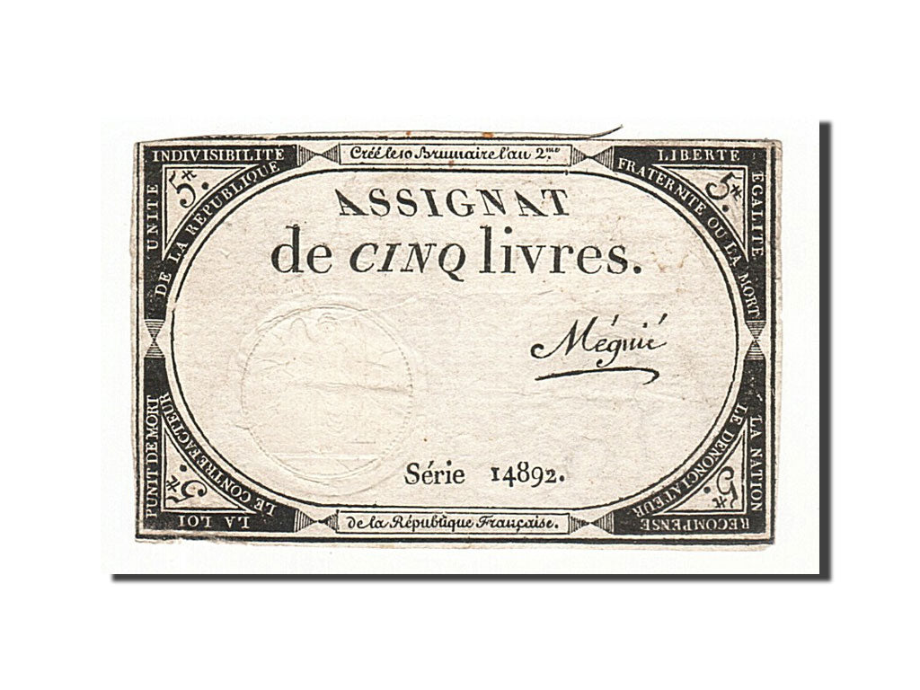 Billete, Francia, 5 Livres, 1793, Mégnié, 1793-10-31, MBC, KM:A76