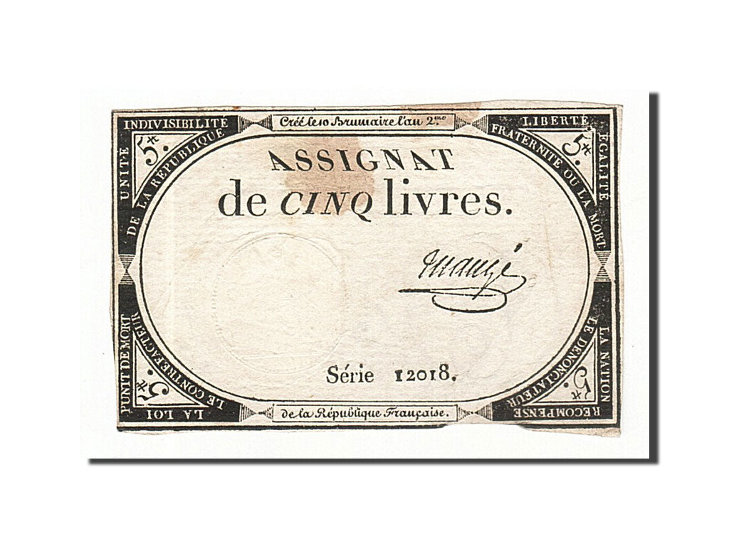 Biljet, Frankrijk, 5 Livres, 1793, Maugé, 1793-10-31, TTB, KM:A76, Lafaurie:171