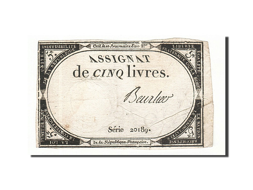 Billet, France, 5 Livres, 1793, 1793-10-31, Beurlier, TTB, KM:A76, Lafaurie:171