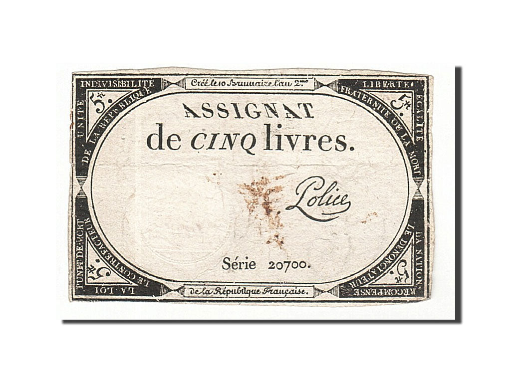 Banknote, France, 5 Livres, 1793, Police, 1793-10-31, VF(30-35), KM:A76