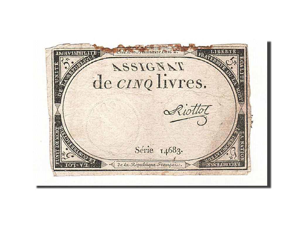 Banknote, France, 5 Livres, 1793, Riottot, 1793-10-31, VF(20-25), KM:A76