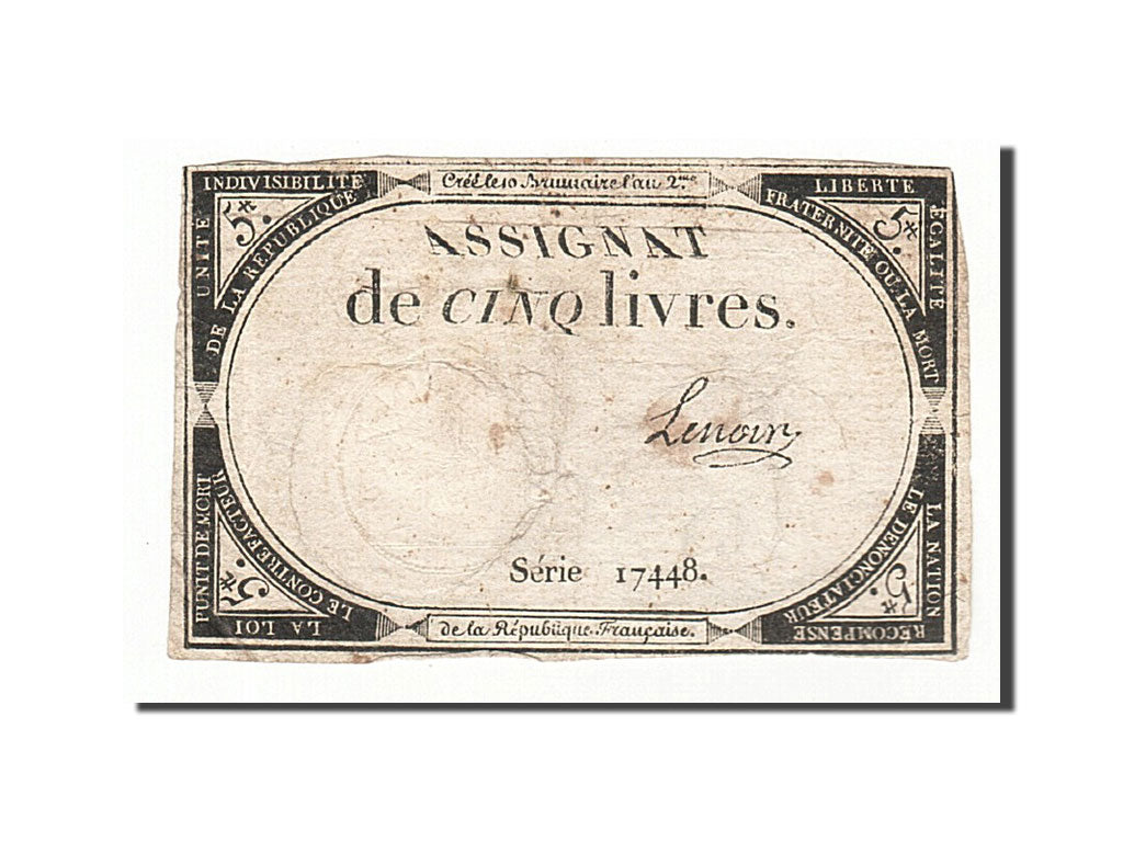 Billet, France, 5 Livres, 1793, 1793-10-31, Lenoir, TB, KM:A76, Lafaurie:171