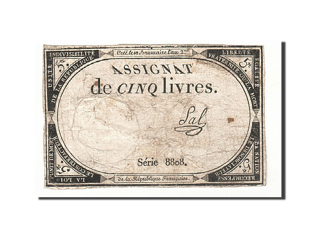Banknote, France, 5 Livres, 1793, Sal, 1793-10-31, VF(20-25), KM:A76