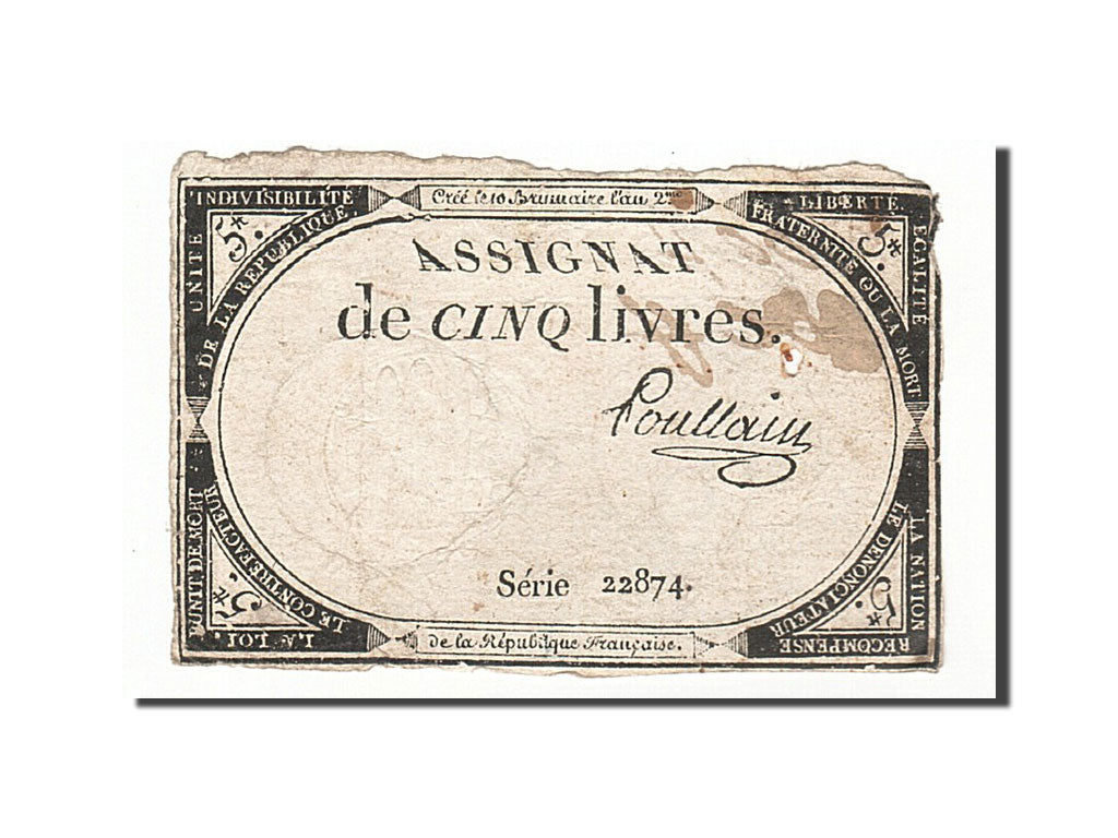 Geldschein, Frankreich, 5 Livres, 1793, Poullain, 1793-10-31, S, KM:A76