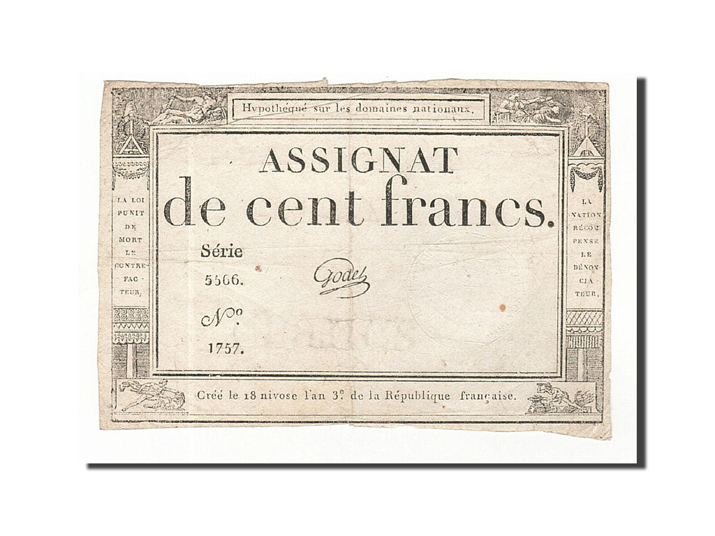 Banknot, Francja, 100 Francs, 1795, Godet, 1795-01-07, EF(40-45), KM:A78
