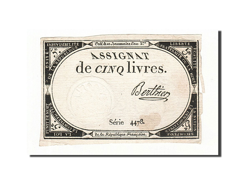 Billet, France, 5 Livres, 1793, 1793-10-31, Berthier, TTB+, KM:A76, Lafaurie:171