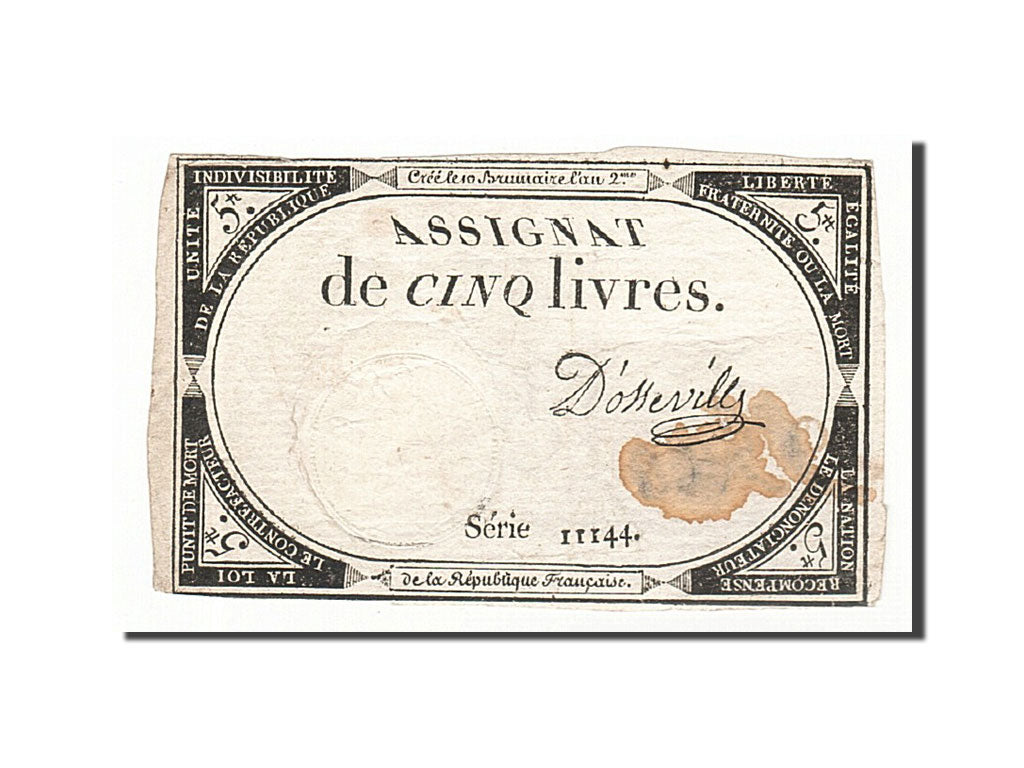 Billete, Francia, 5 Livres, 1793, D'Osseville, 1793-10-31, BC+, KM:A76