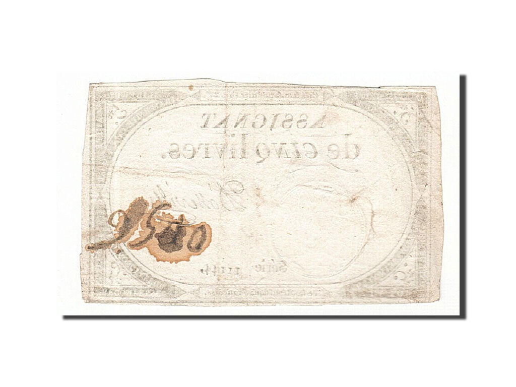 Billete, Francia, 5 Livres, 1793, D'Osseville, 1793-10-31, BC+, KM:A76