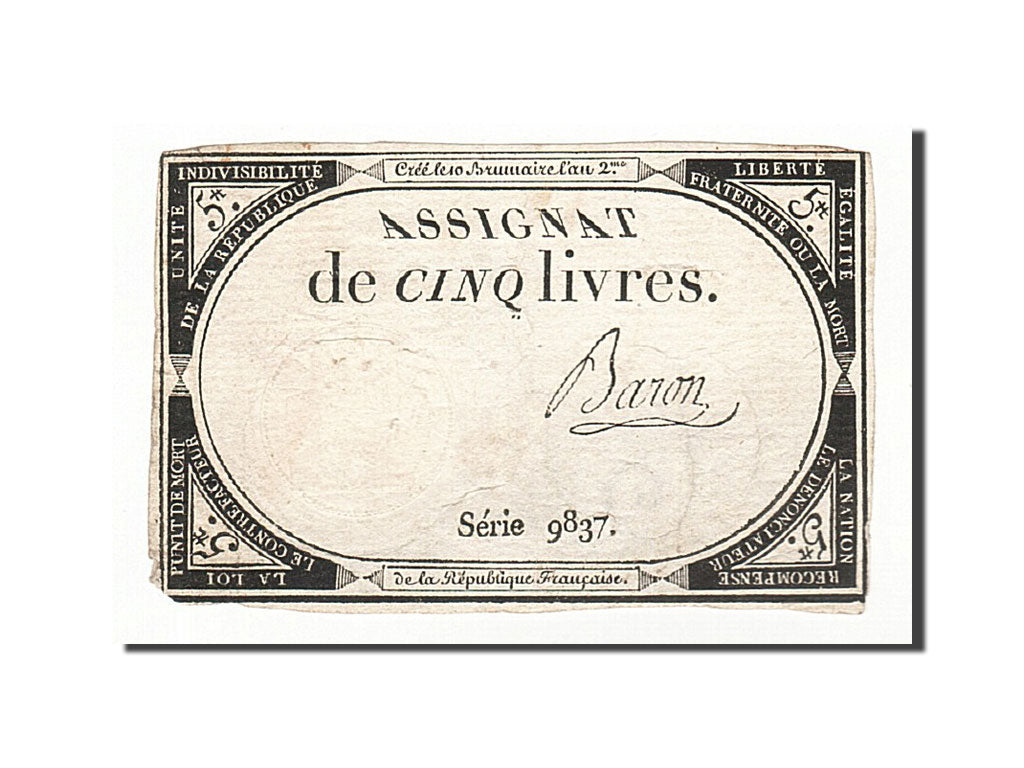 Biljet, Frankrijk, 5 Livres, 1793, Baron, 1793-10-31, TB+, KM:A76, Lafaurie:171