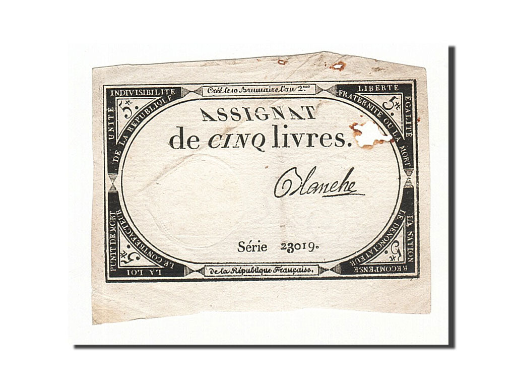 Banconote, Francia, 5 Livres, 1793, Blanche, 1793-10-31, MB, KM:A76