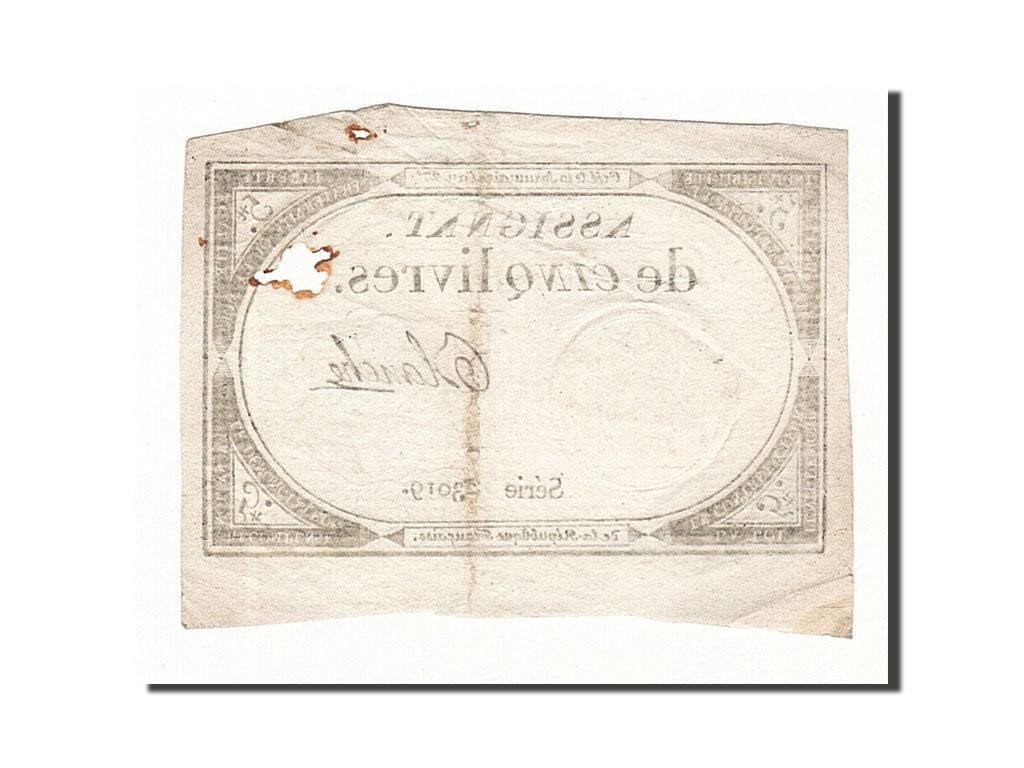 Banconote, Francia, 5 Livres, 1793, Blanche, 1793-10-31, MB, KM:A76