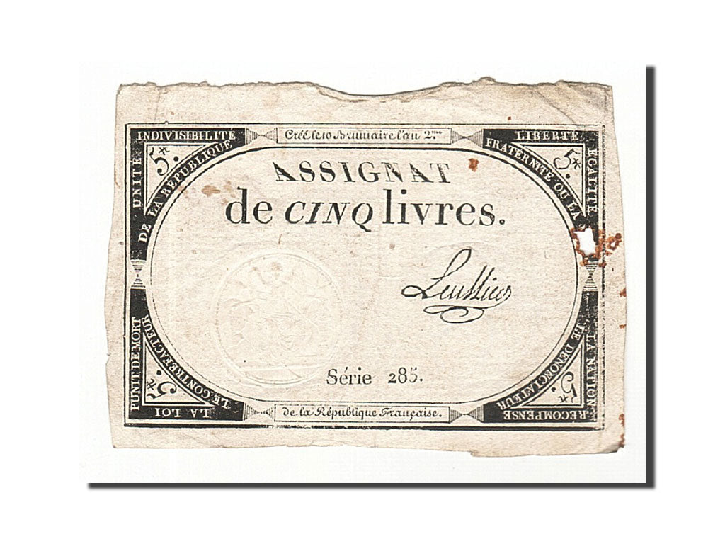 Banconote, Francia, 5 Livres, 1793, Lhuillier, 1793-10-31, MB, KM:A76