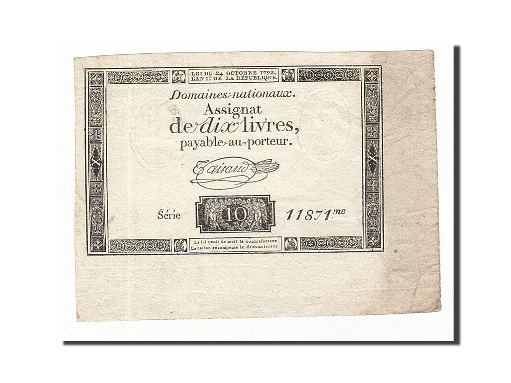 Biljet, Frankrijk, 10 Livres, 1792, Taisaud, 1792-10-24, TTB, KM:A66b