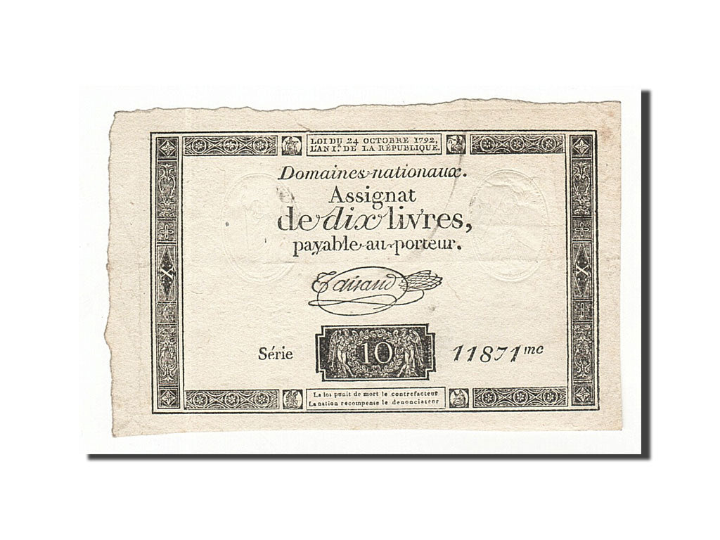 Banknote, France, 10 Livres, 1792, Taisaud, 1792-10-24, AU(50-53), KM:A66b