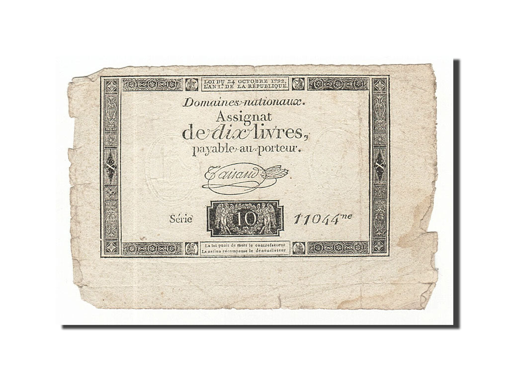 Banknote, France, 10 Livres, 1792, Taisaud, 1792-10-24, EF(40-45), KM:A66b