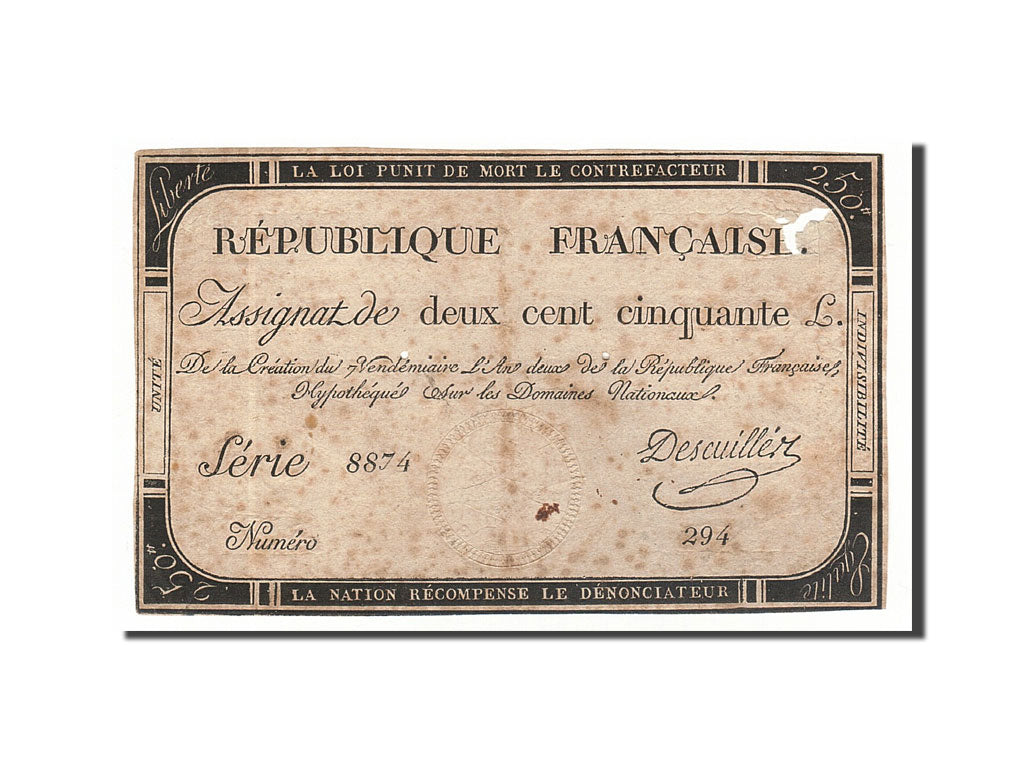 Banknote, France, 250 Livres, 1793, Descuiller, 1793-09-28, VF(20-25), KM:A75